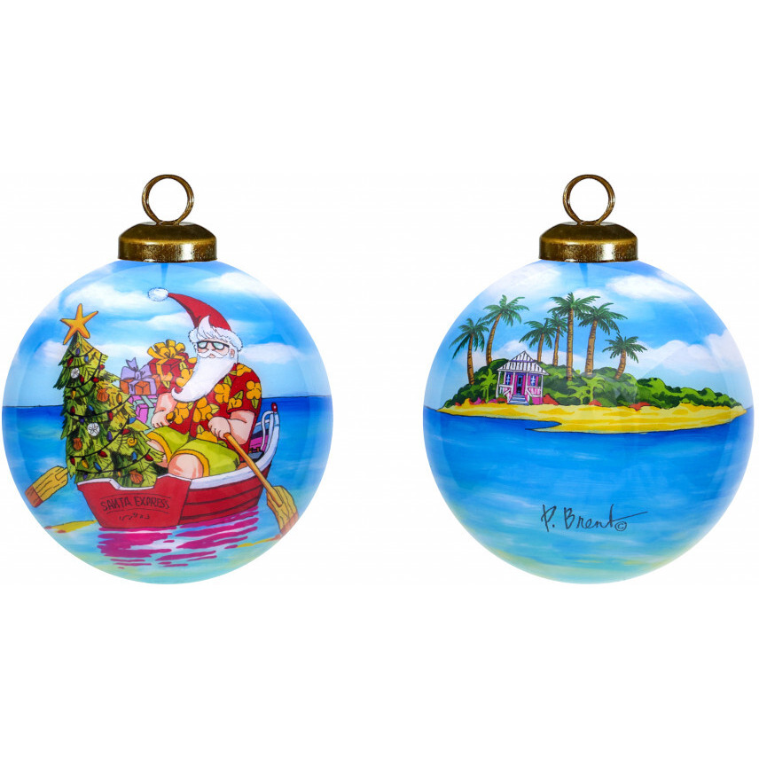 Rowing Santa Express Hand Painted Mouth Blown Glass Ornament