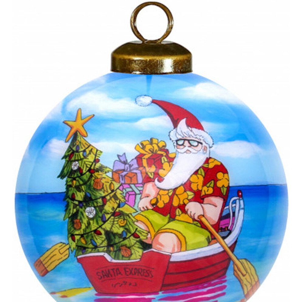 Rowing Santa Express Hand Painted Mouth Blown Glass Ornament