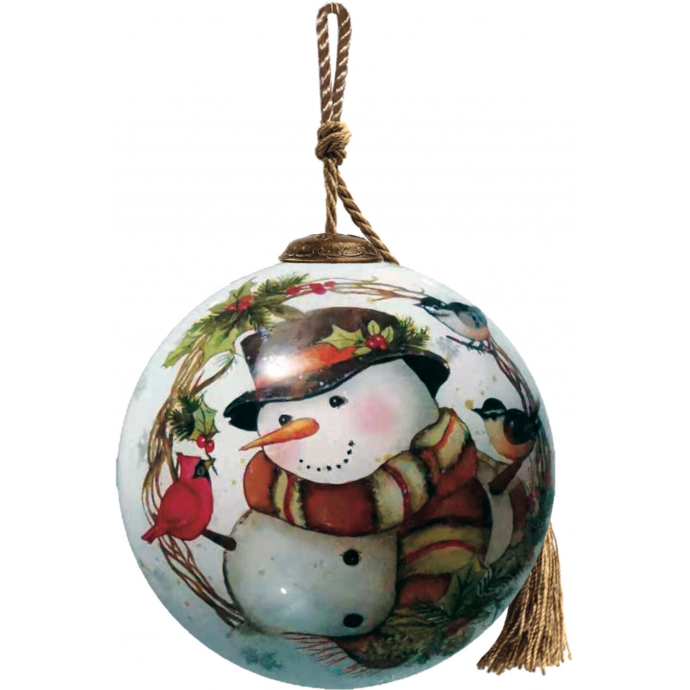 Winter Wreath Forest Snowman Hand Painted Mouth Blown Glass Ornament