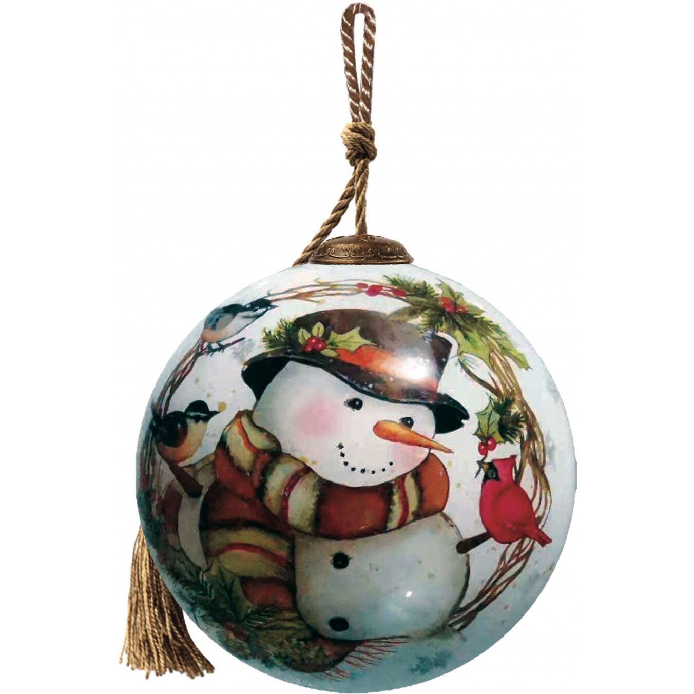 Winter Wreath Forest Snowman Hand Painted Mouth Blown Glass Ornament