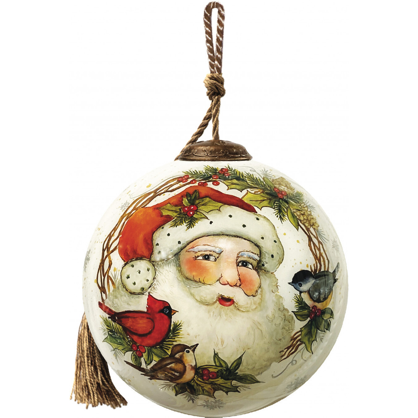 Winter Wreath Forest Santa Hand Painted Mouth Blown Glass Ornament