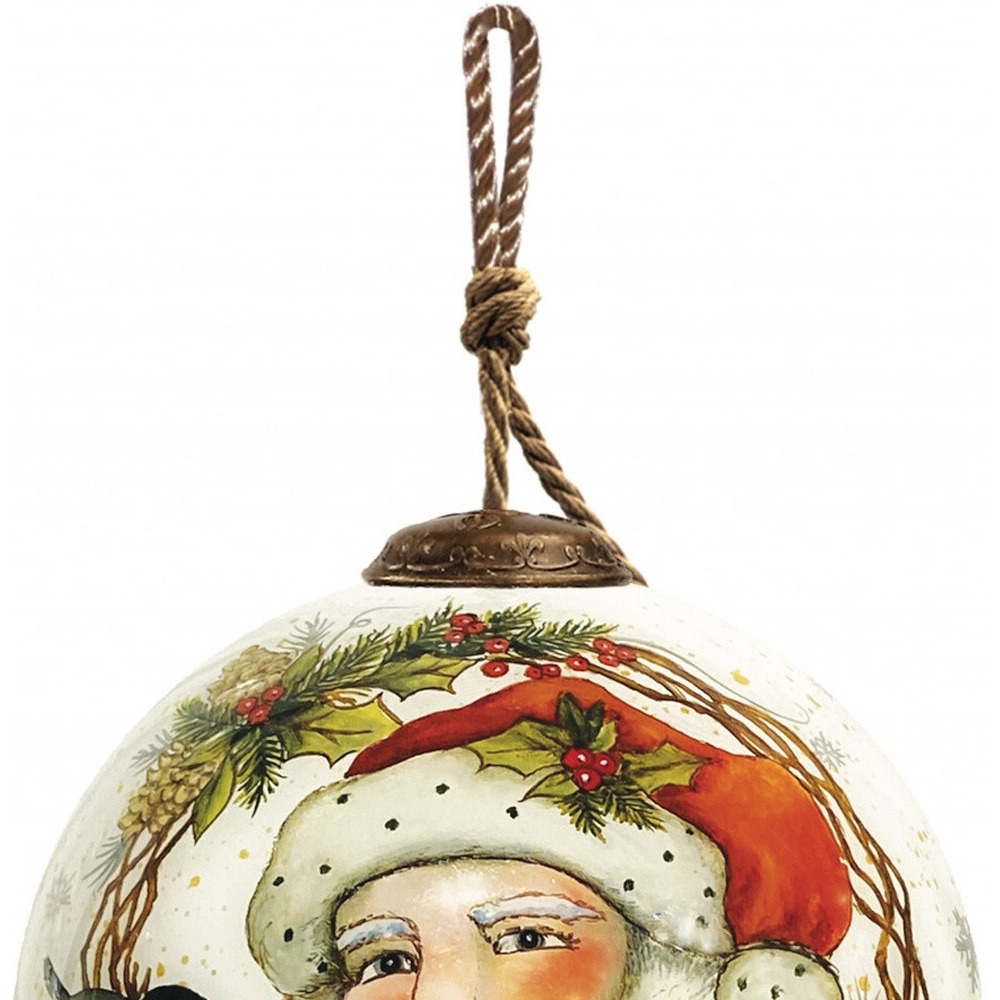 Winter Wreath Forest Santa Hand Painted Mouth Blown Glass Ornament