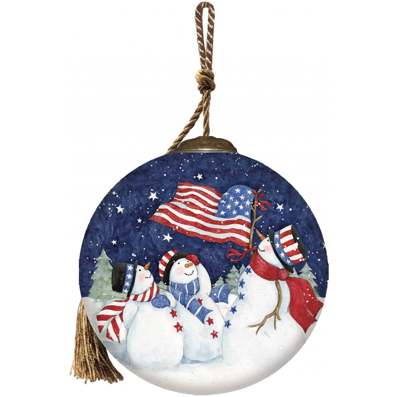 Three Snowman And An American Flag Hand Painted Mouth Blown Glass Ornament