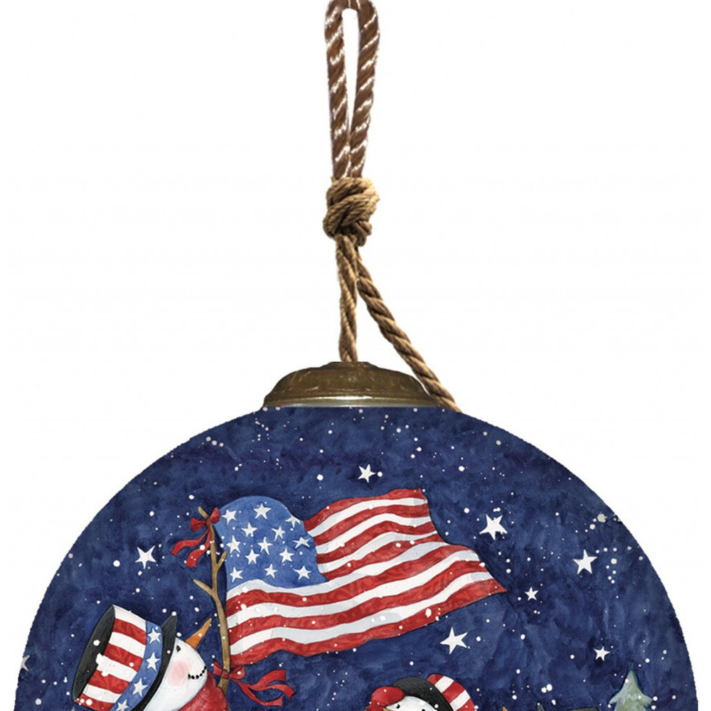Three Snowman And An American Flag Hand Painted Mouth Blown Glass Ornament