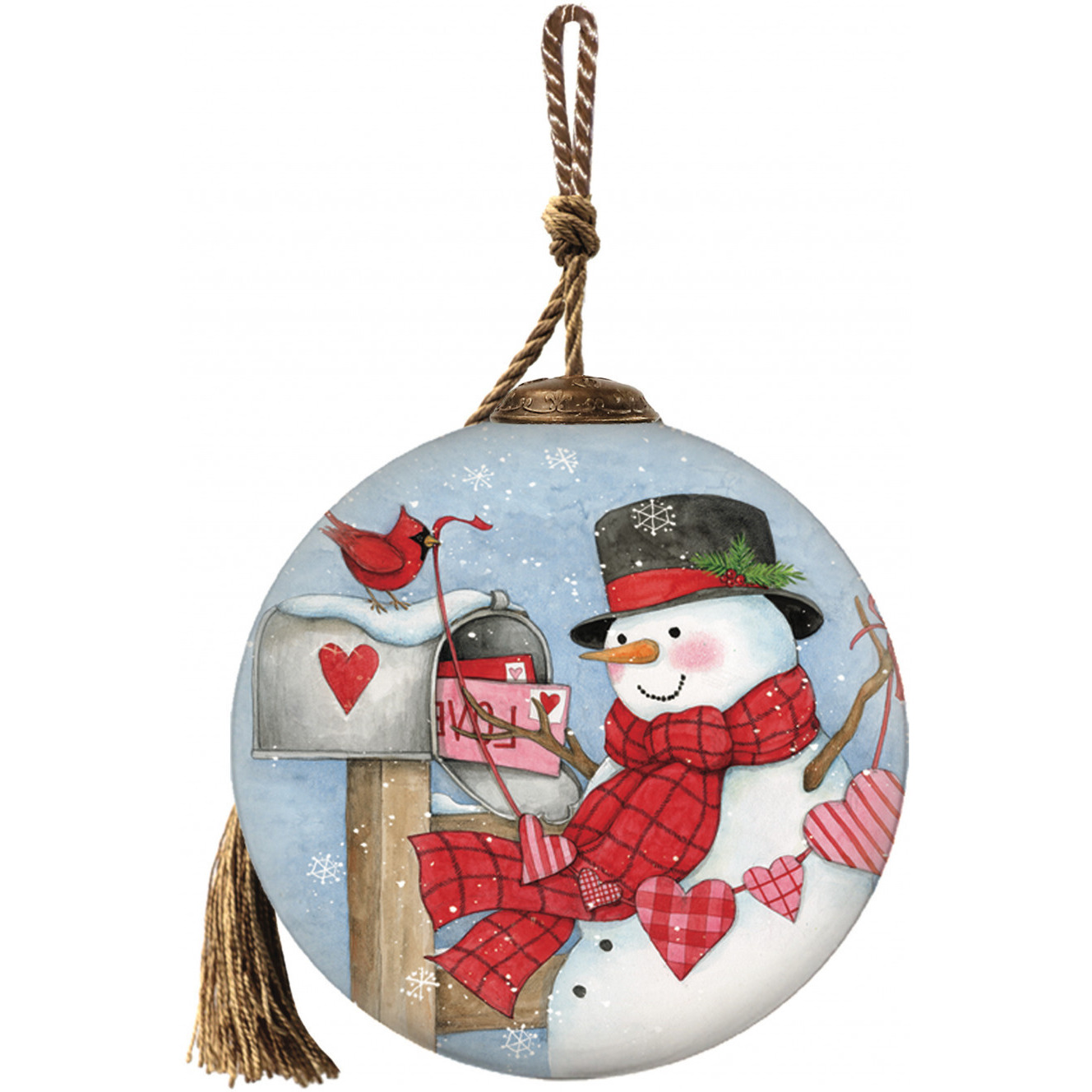Valentine Snowman Hand Painted Mouth Blown Glass Ornament