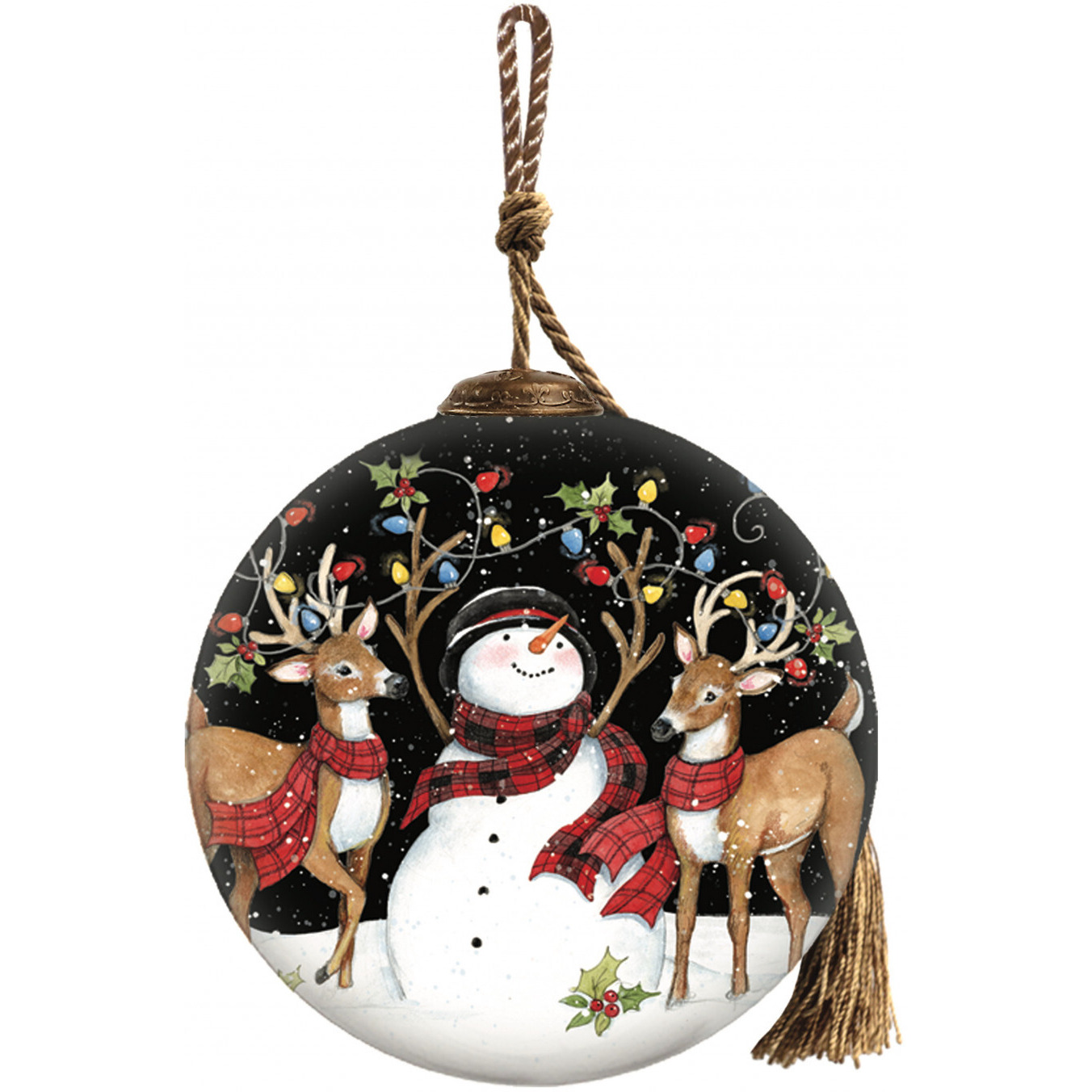 Snowman And Reindeer In Holiday Lights Hand Painted Mouth Blown Glass Ornament