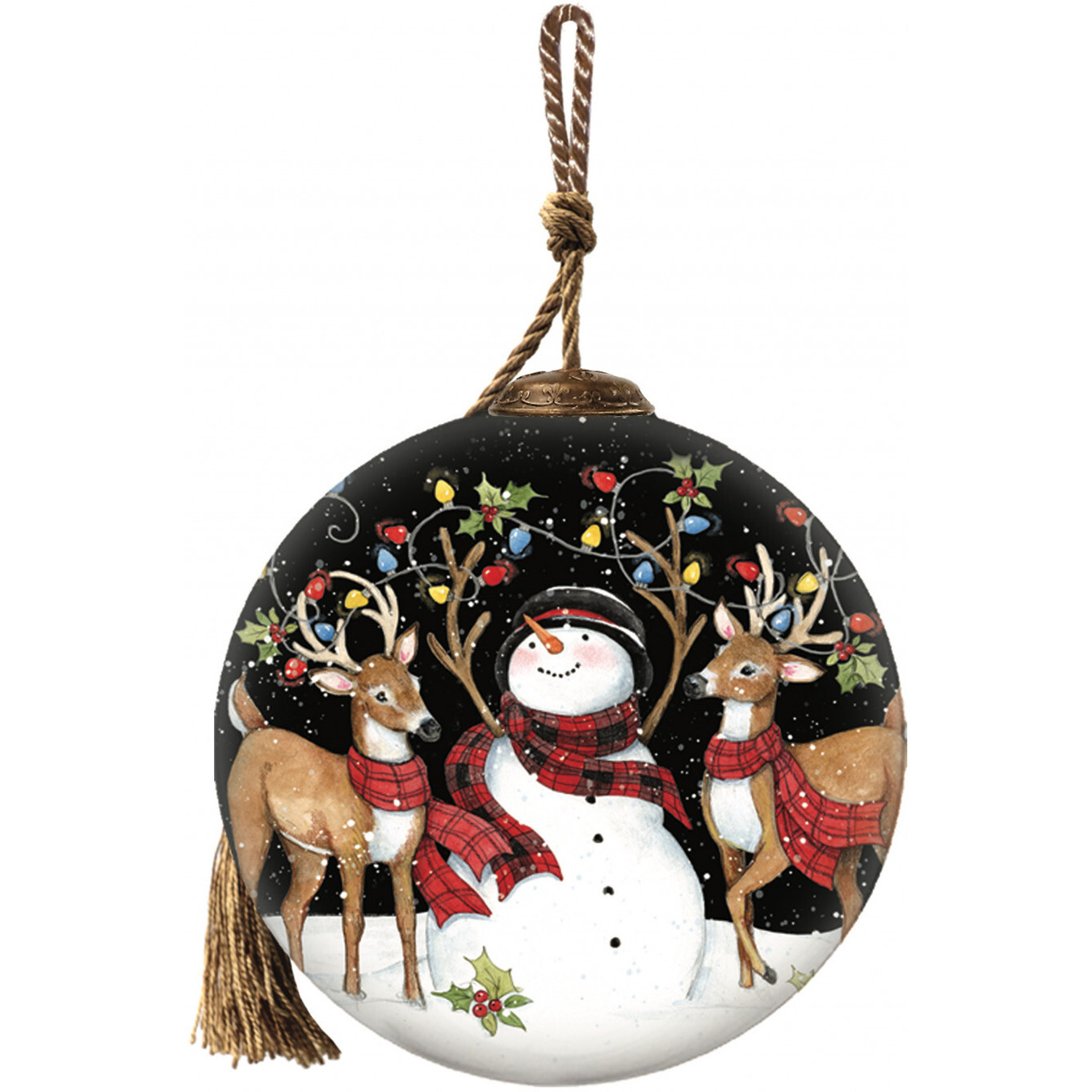 Snowman And Reindeer In Holiday Lights Hand Painted Mouth Blown Glass Ornament