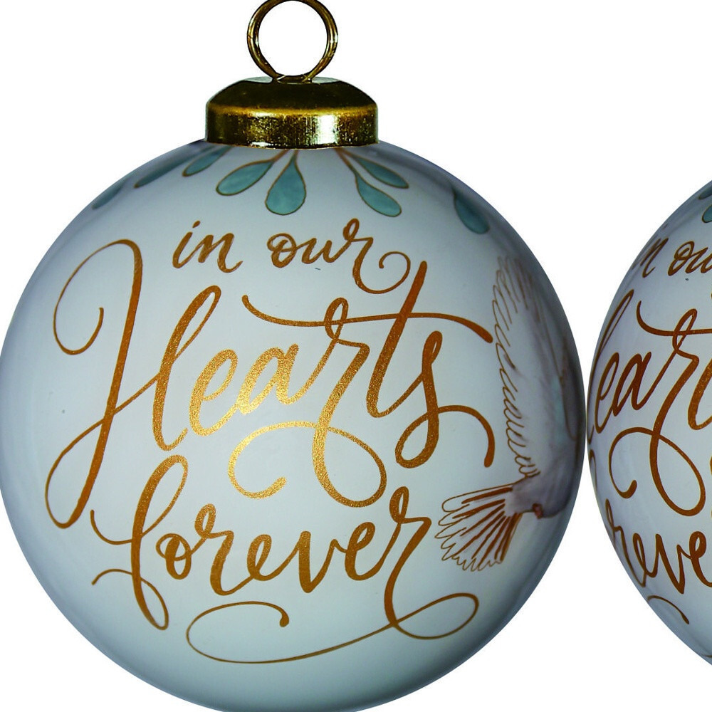White And Gold In Our Hearts Forever Hand Painted Mouth Blown Glass Ornament