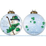 Green Irish Snowman Hand Painted Mouth Blown Glass Ornament