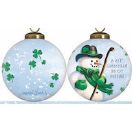 Green Irish Snowman Hand Painted Mouth Blown Glass Ornament