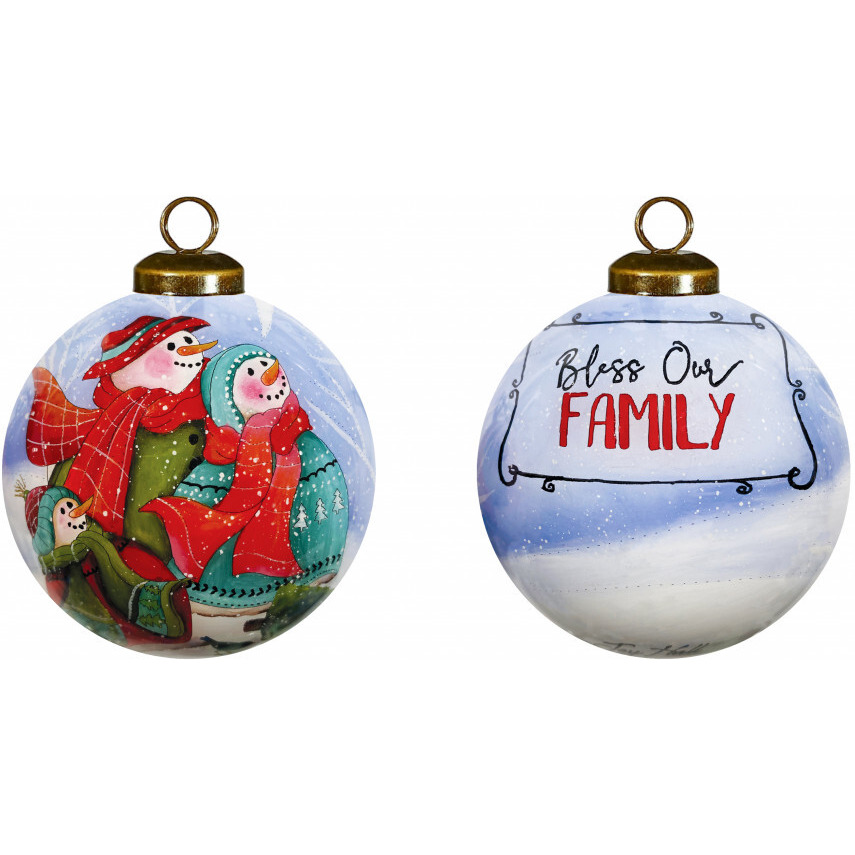 Snowman Family Bless Our Family Wordings Hand Painted Mouth Blown Glass Ornament
