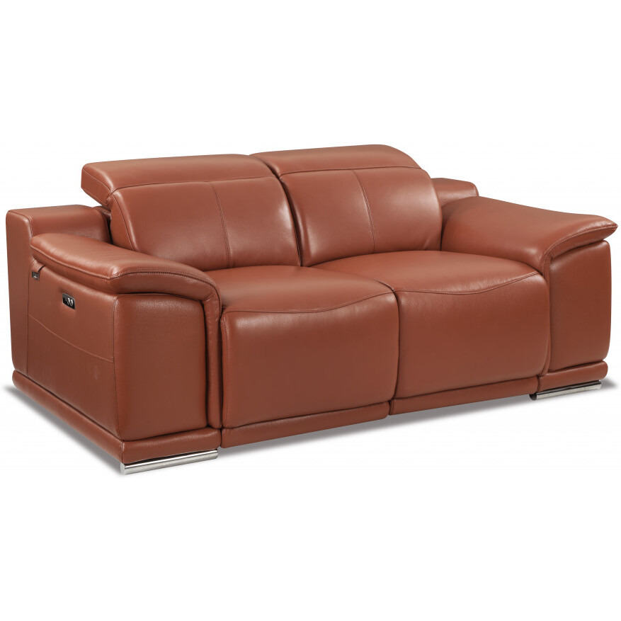 72"" Camel Brown Italian Leather And Chrome Power Recline Love Seat With Storage