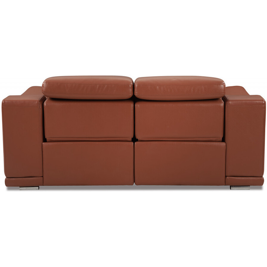 72"" Camel Brown Italian Leather And Chrome Power Recline Love Seat With Storage