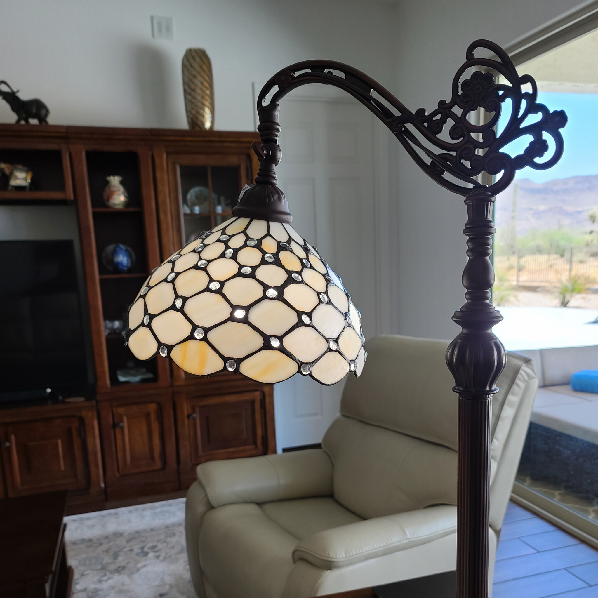 62"" Brown Traditional Shaped Floor Lamp With White Stained Glass Bowl Shade