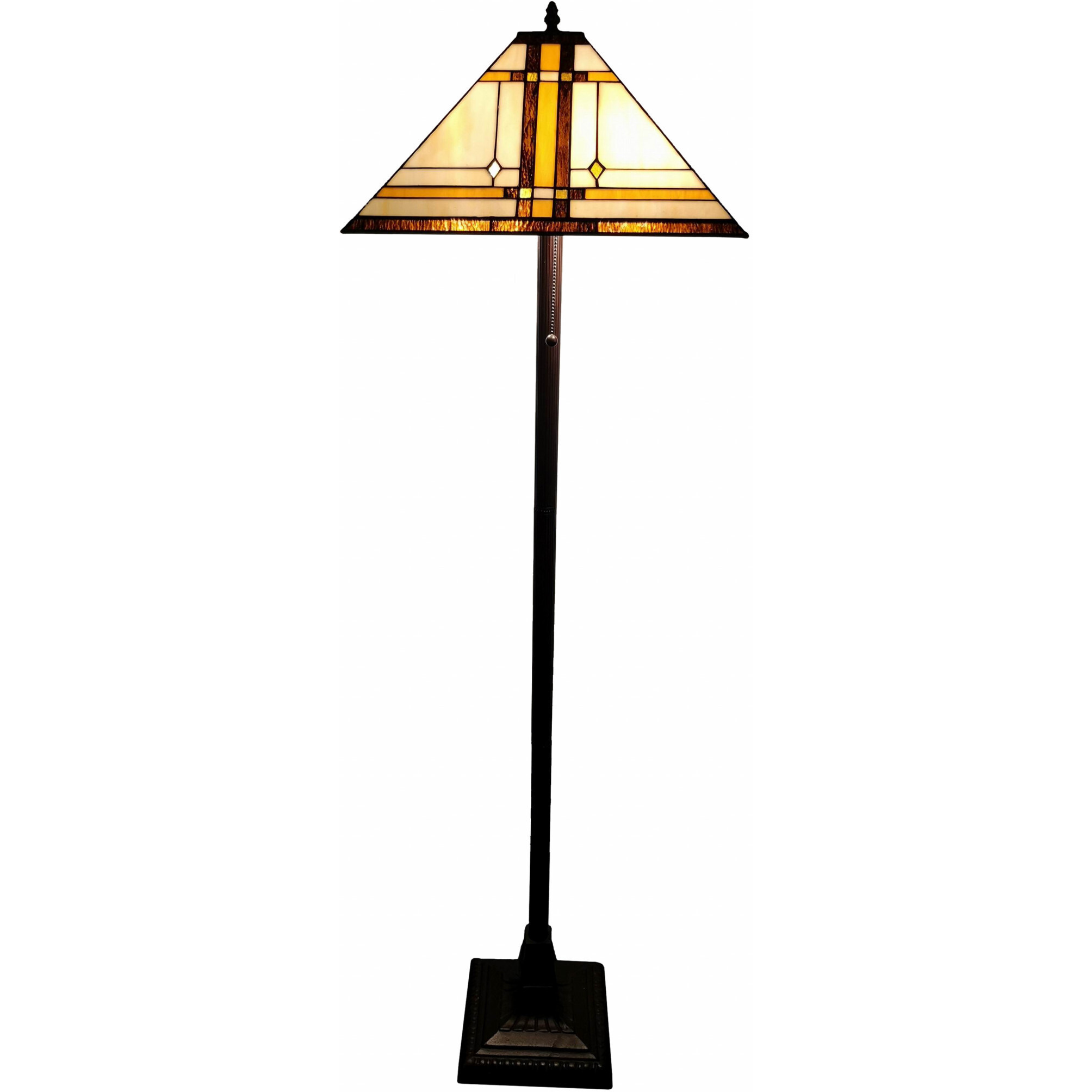 62"" Brown Two Lights Traditional Shaped Floor Lamp With Brown And White Stained Glass Cone Shade