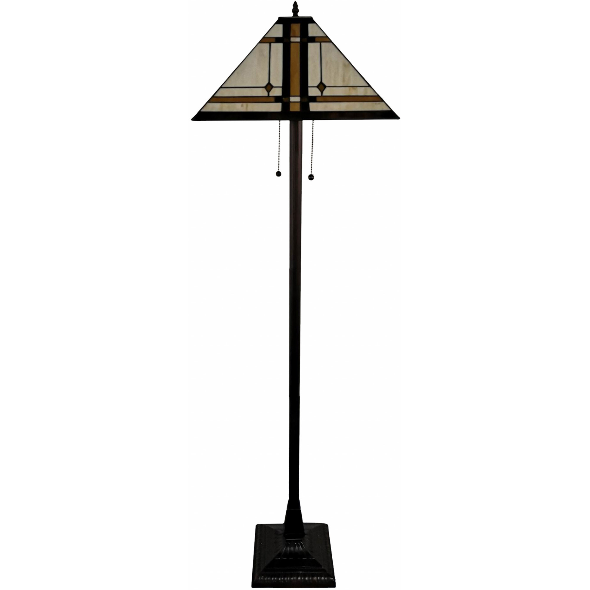 62"" Brown Two Lights Traditional Shaped Floor Lamp With Brown And White Stained Glass Cone Shade