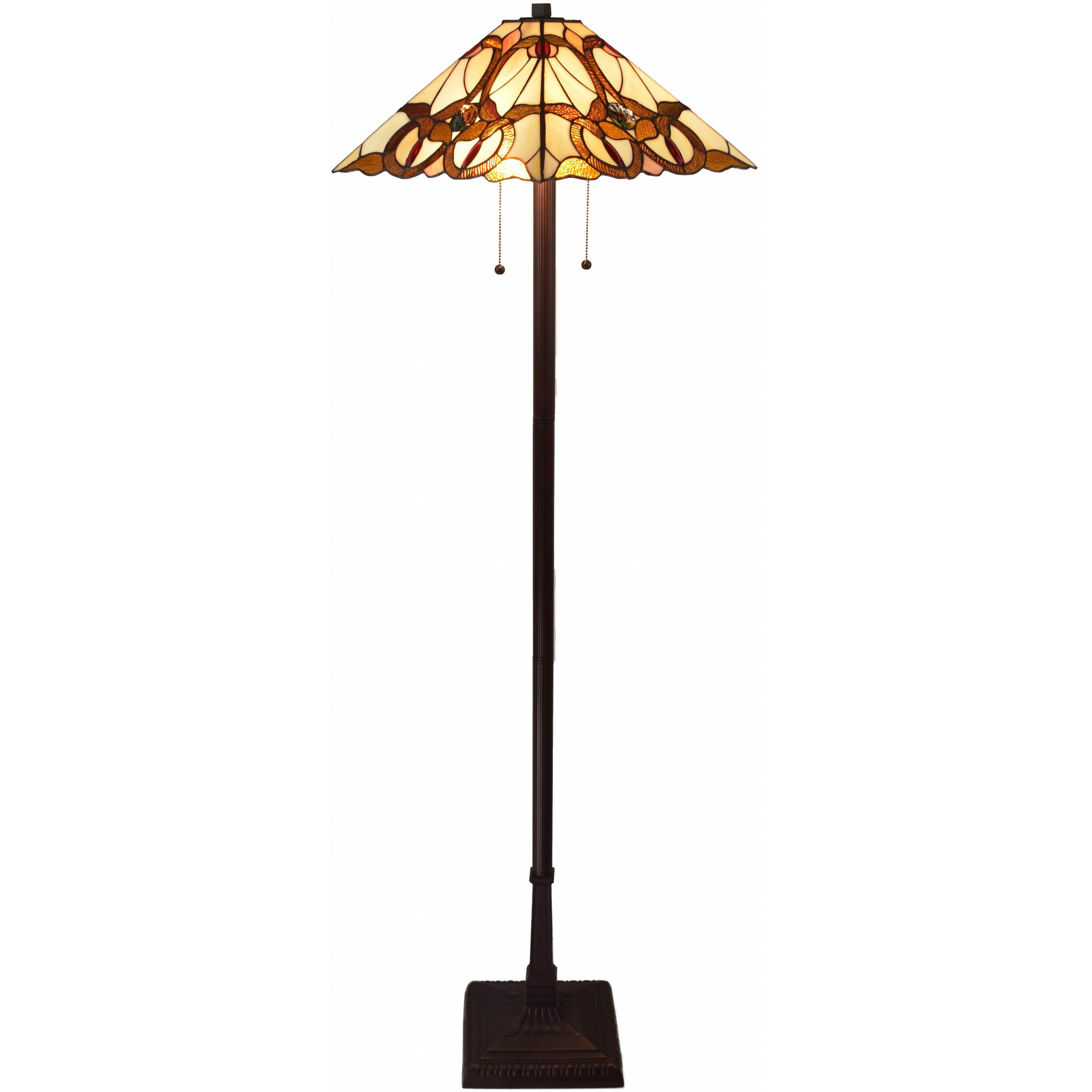 62"" Brown Two Lights Traditional Shaped Floor Lamp With Brown And White Stained Glass Cone Shade
