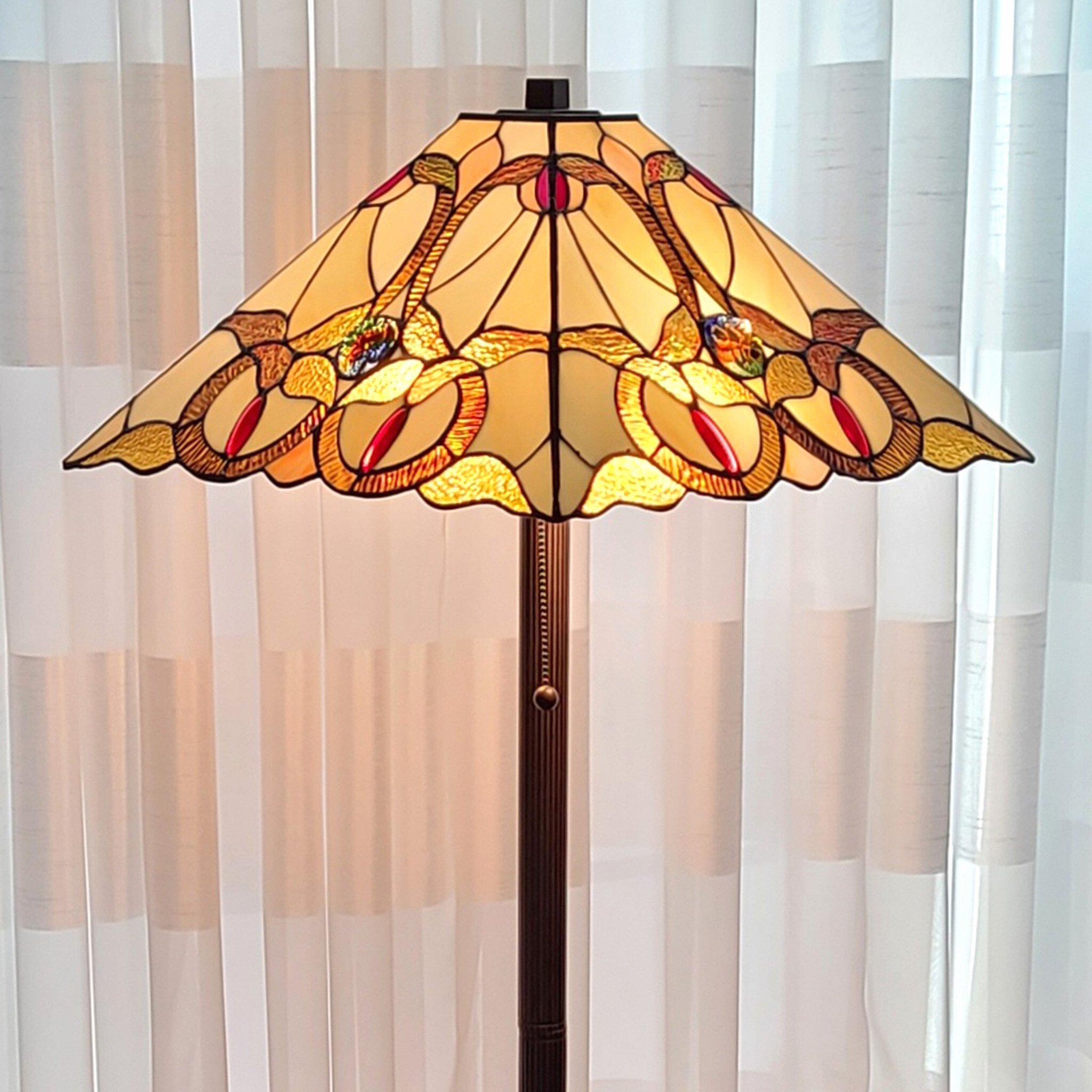62"" Brown Two Lights Traditional Shaped Floor Lamp With Brown And White Stained Glass Cone Shade