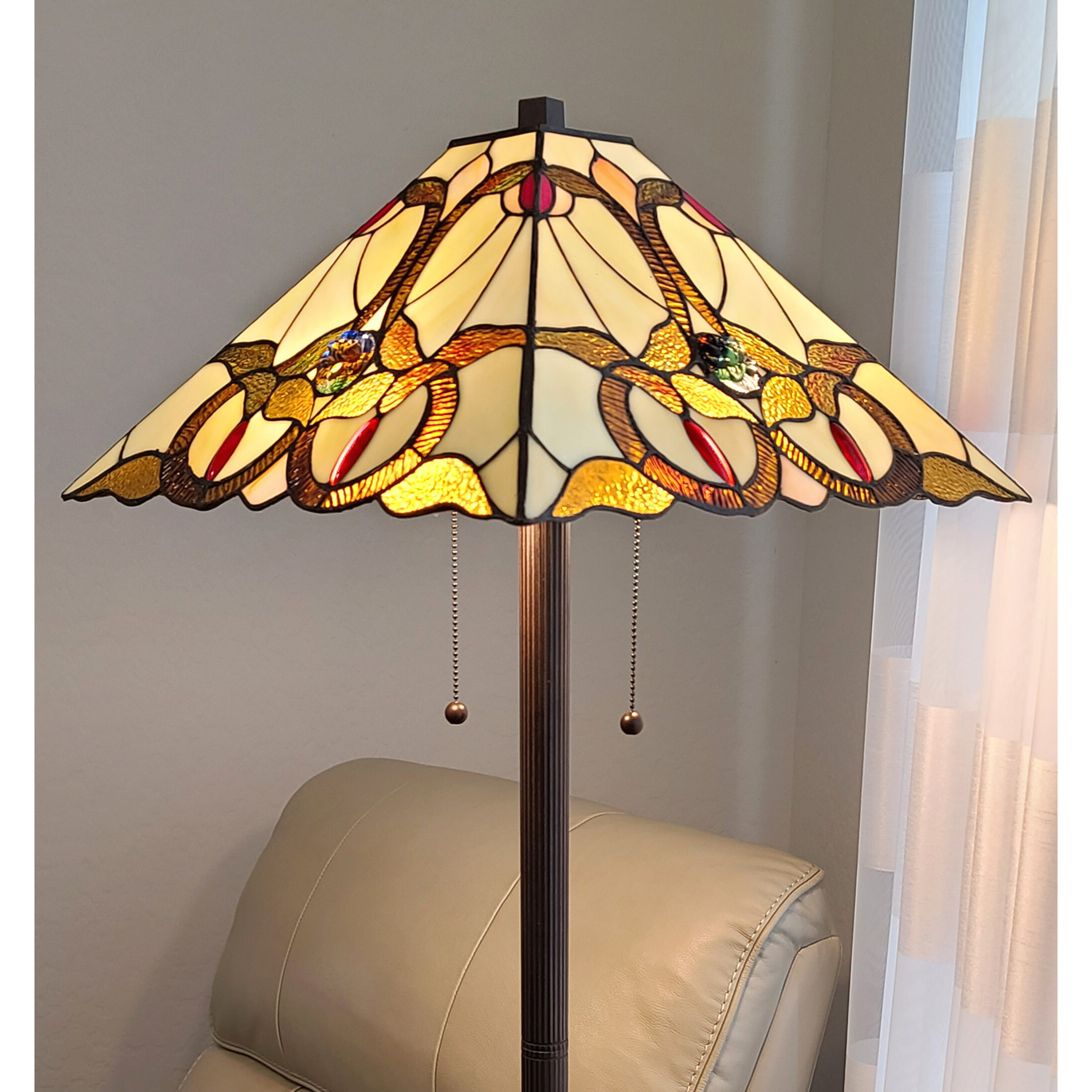62"" Brown Two Lights Traditional Shaped Floor Lamp With Brown And White Stained Glass Cone Shade