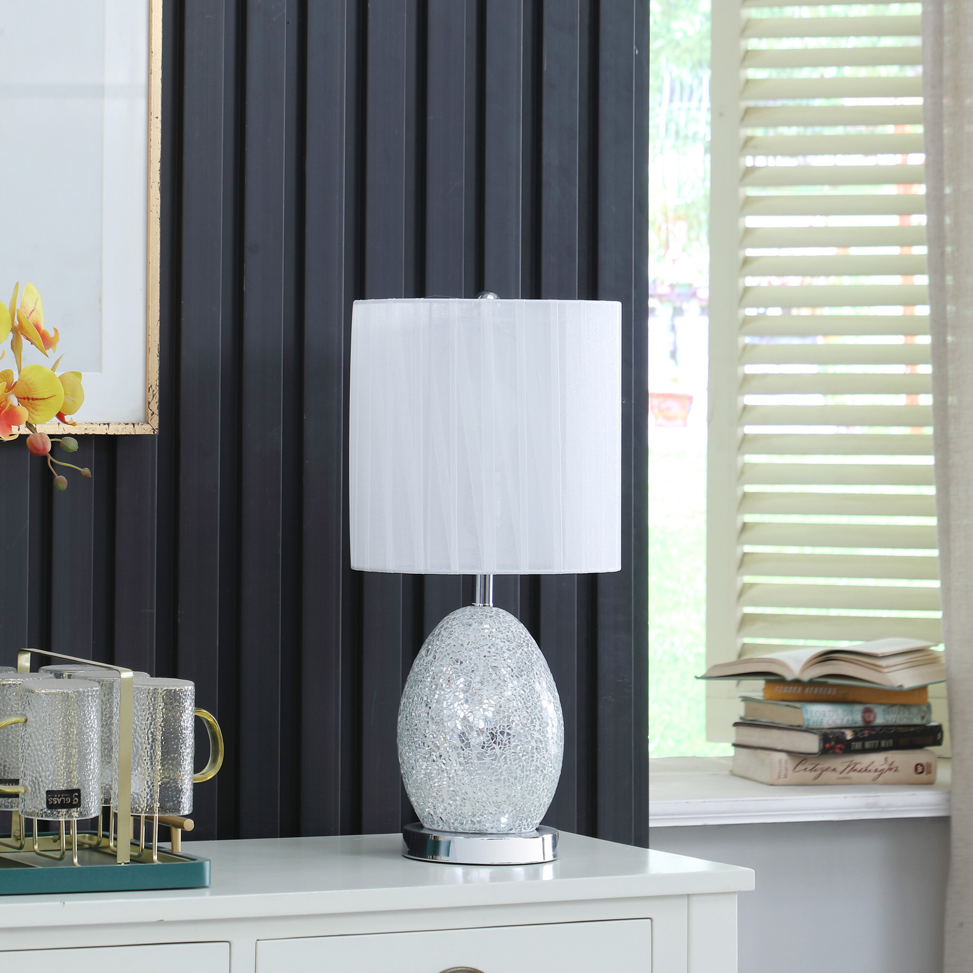 20"" White Luster Mirrored Glass Table Lamp With Night Light
