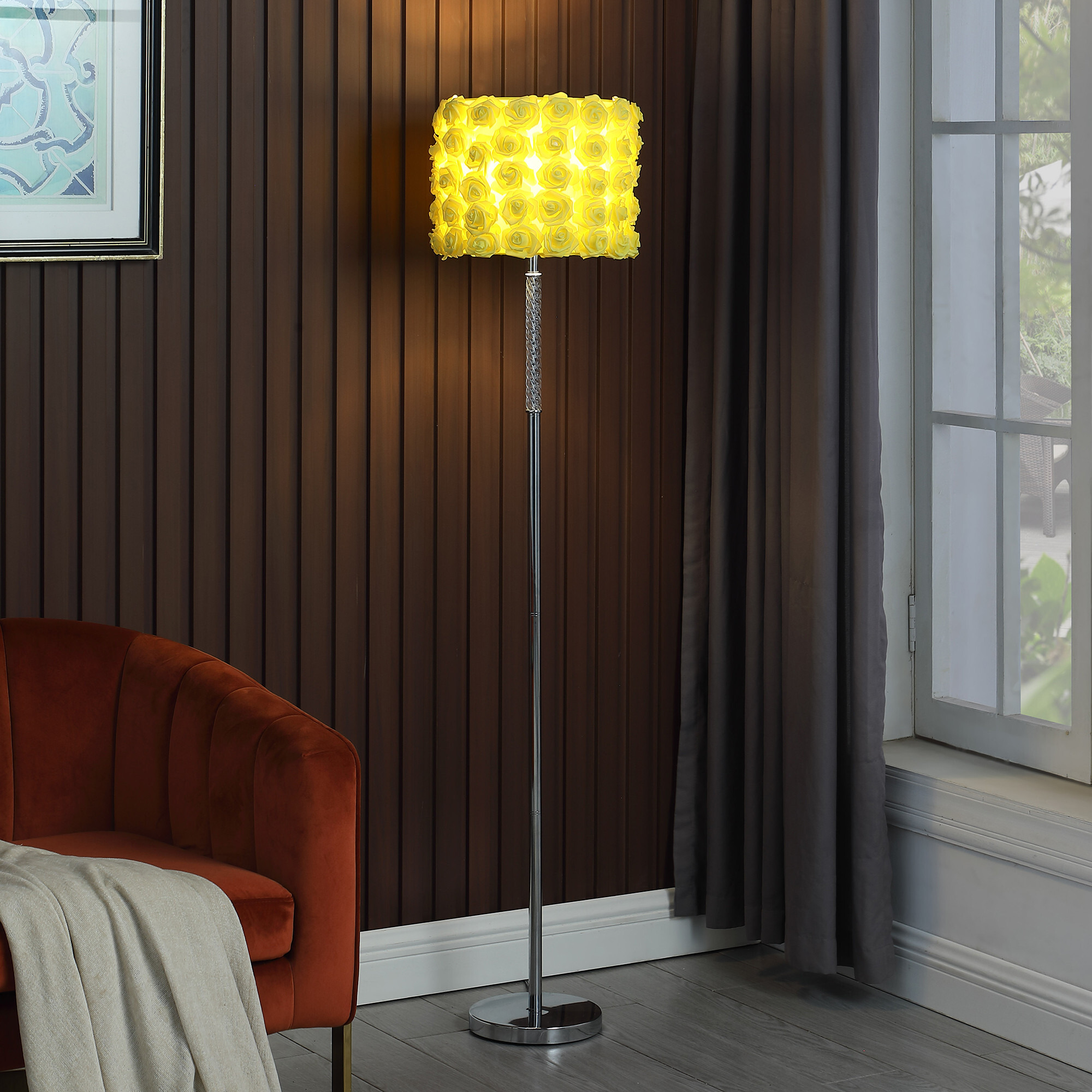 63"" Steel Traditional Shaped Floor Lamp With Yellow Roses Drum Shade