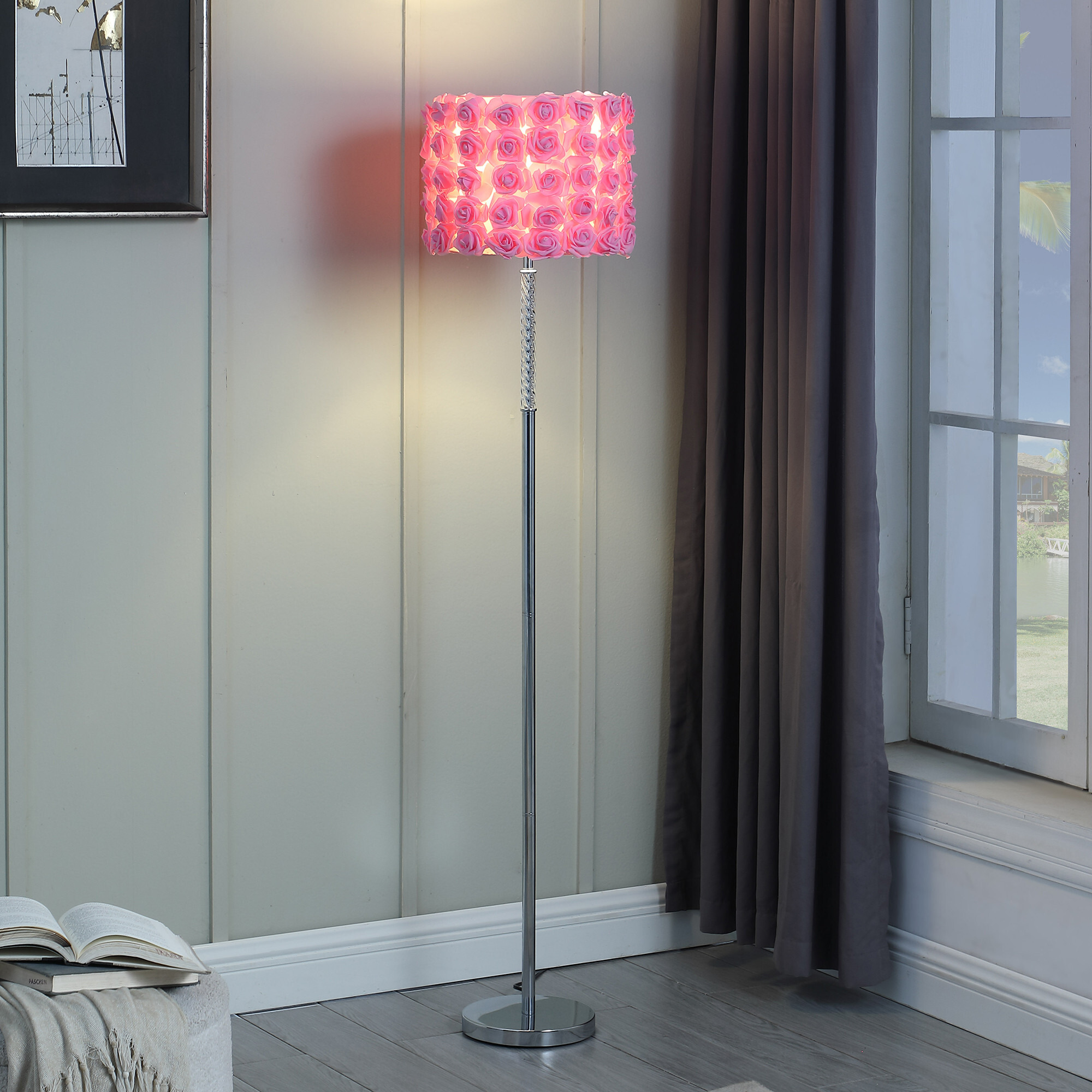 63"" Steel Traditional Shaped Floor Lamp With Pink Drum Shade