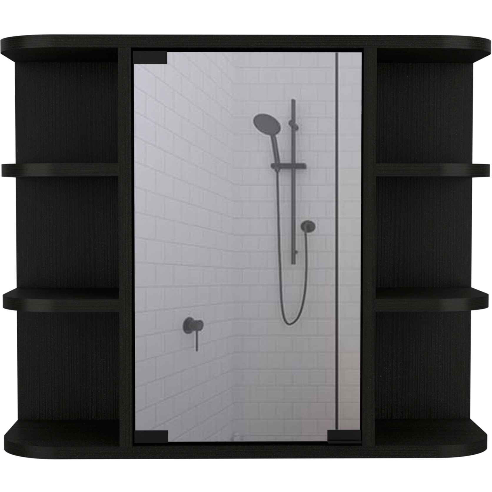 24"" Black Wall Mounted Mirrored Cabinet With Four Shelves