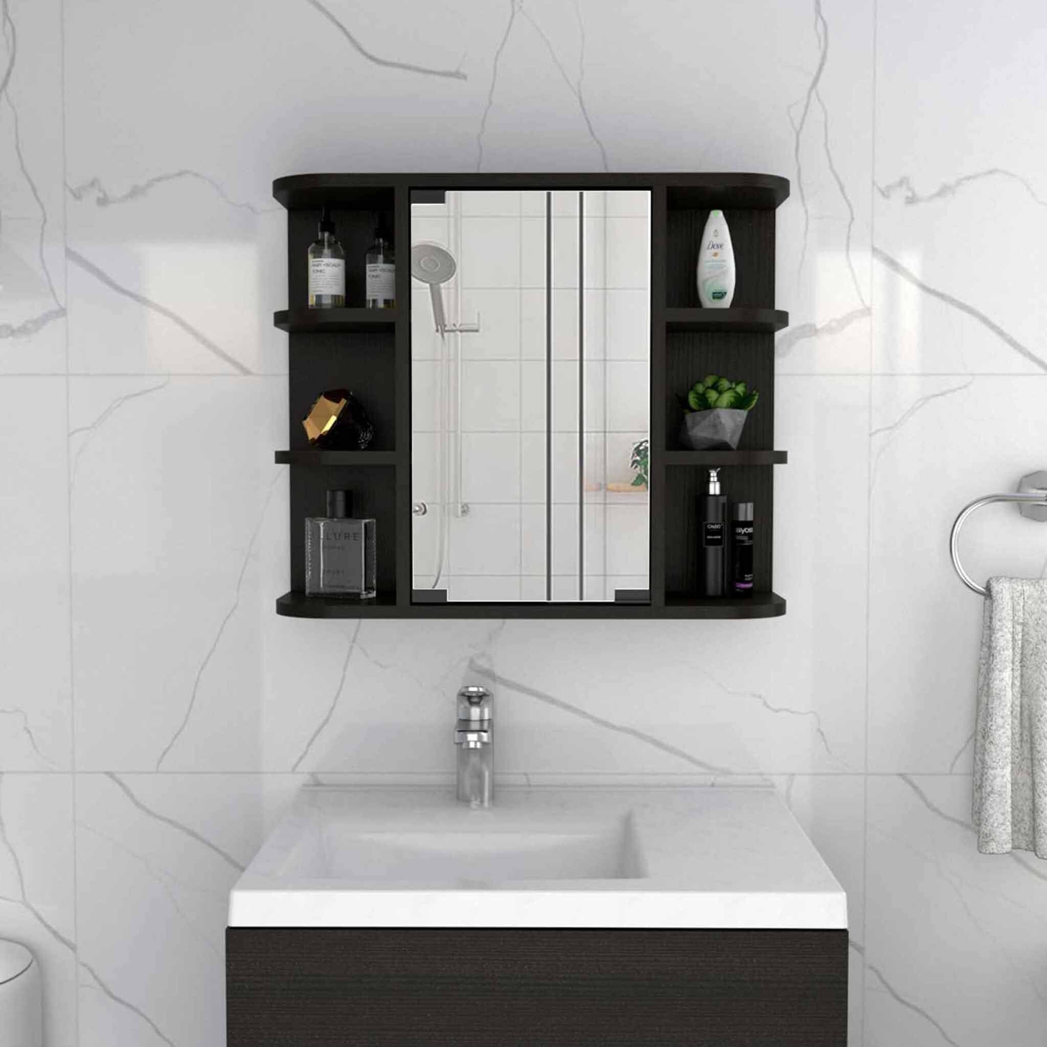 24"" Black Wall Mounted Mirrored Cabinet With Four Shelves