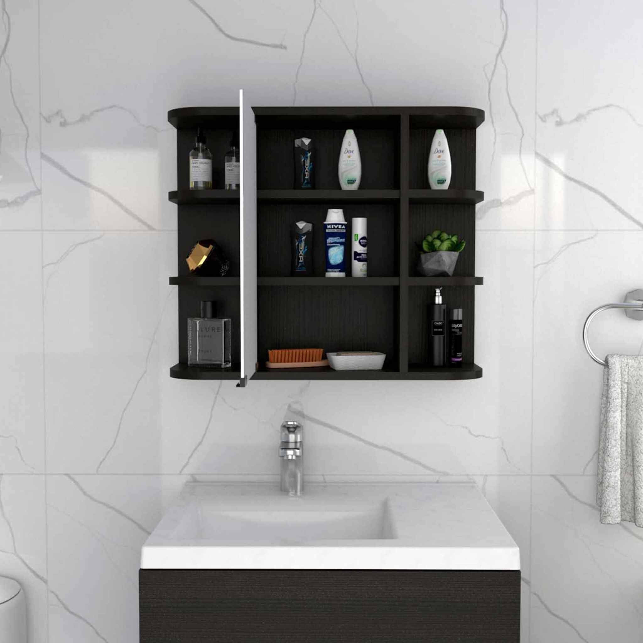 24"" Black Wall Mounted Mirrored Cabinet With Four Shelves