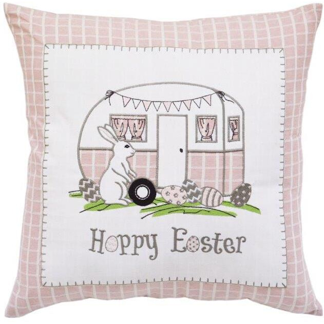 17"" X 17"" Light Pink Checkered Easter Bunny Camper Throw Pillow