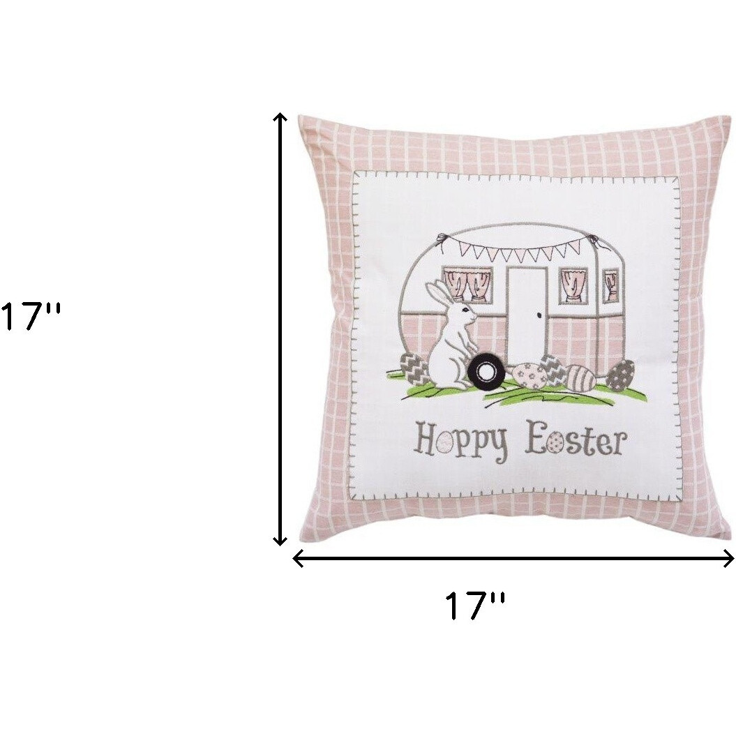 17"" X 17"" Light Pink Checkered Easter Bunny Camper Throw Pillow
