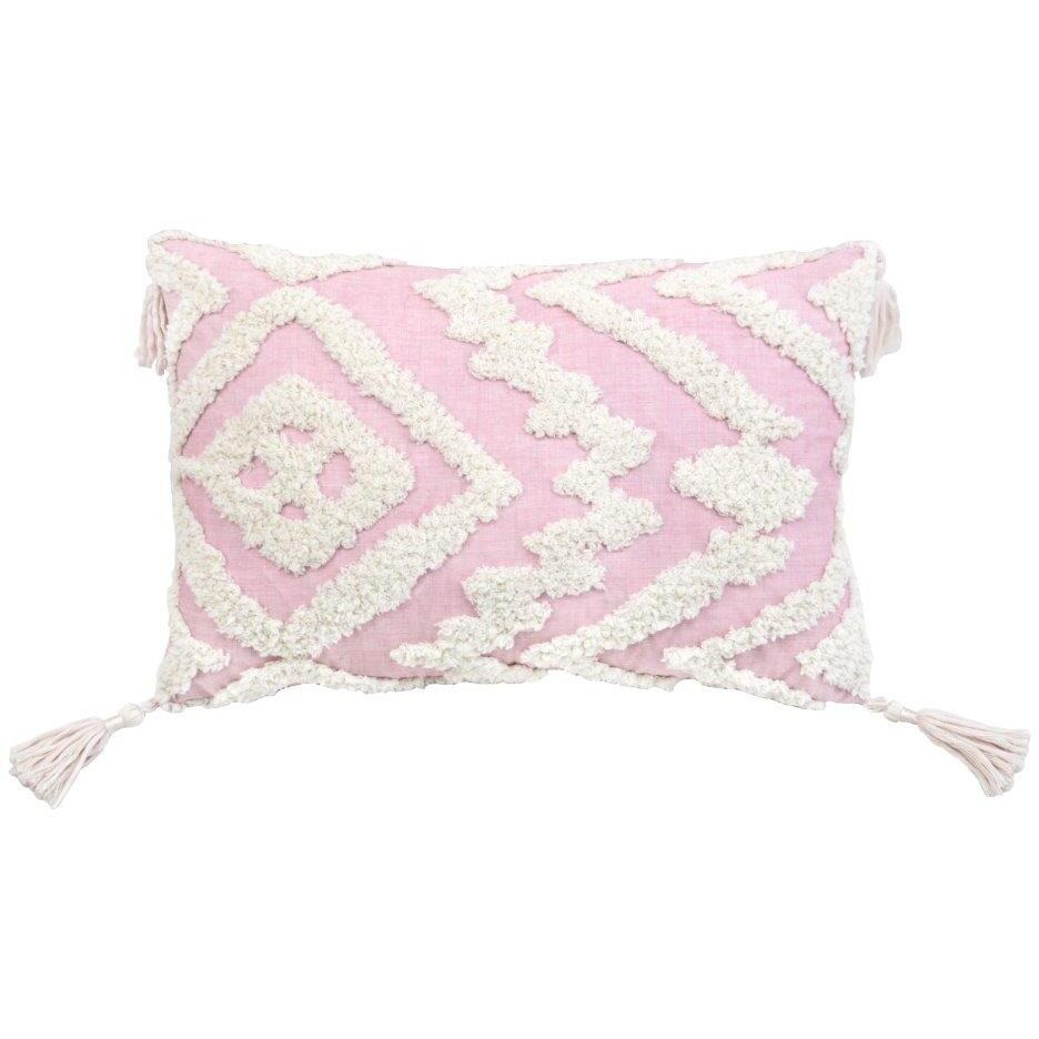 13"" X 20"" Pink And White Textural Abstract Throw Pillow With Tassels