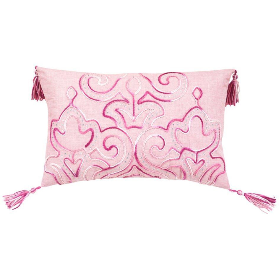13"" X 20"" Pink Embroidered Damask Throw Pillow With Tassels