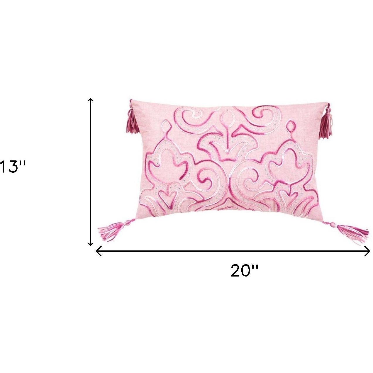 13"" X 20"" Pink Embroidered Damask Throw Pillow With Tassels