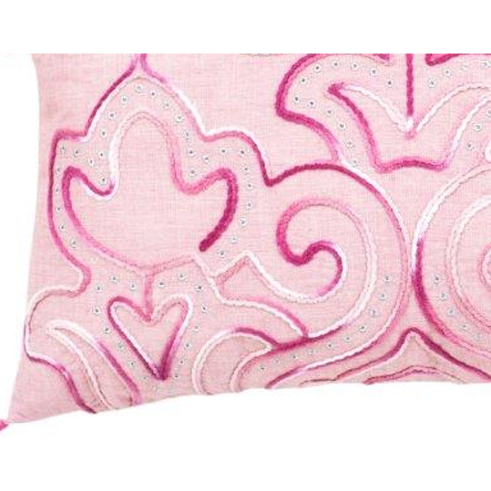13"" X 20"" Pink Embroidered Damask Throw Pillow With Tassels