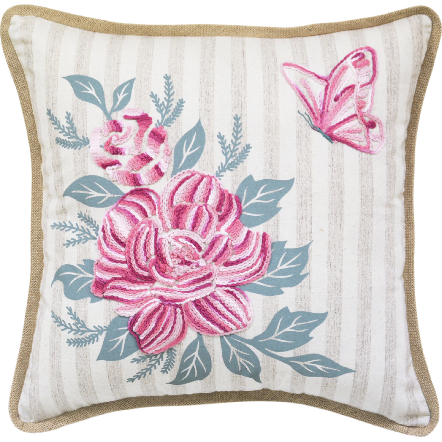 17"" X 17"" Pink Embroidered Floral And Butterfly With Burlap Throw Pillow