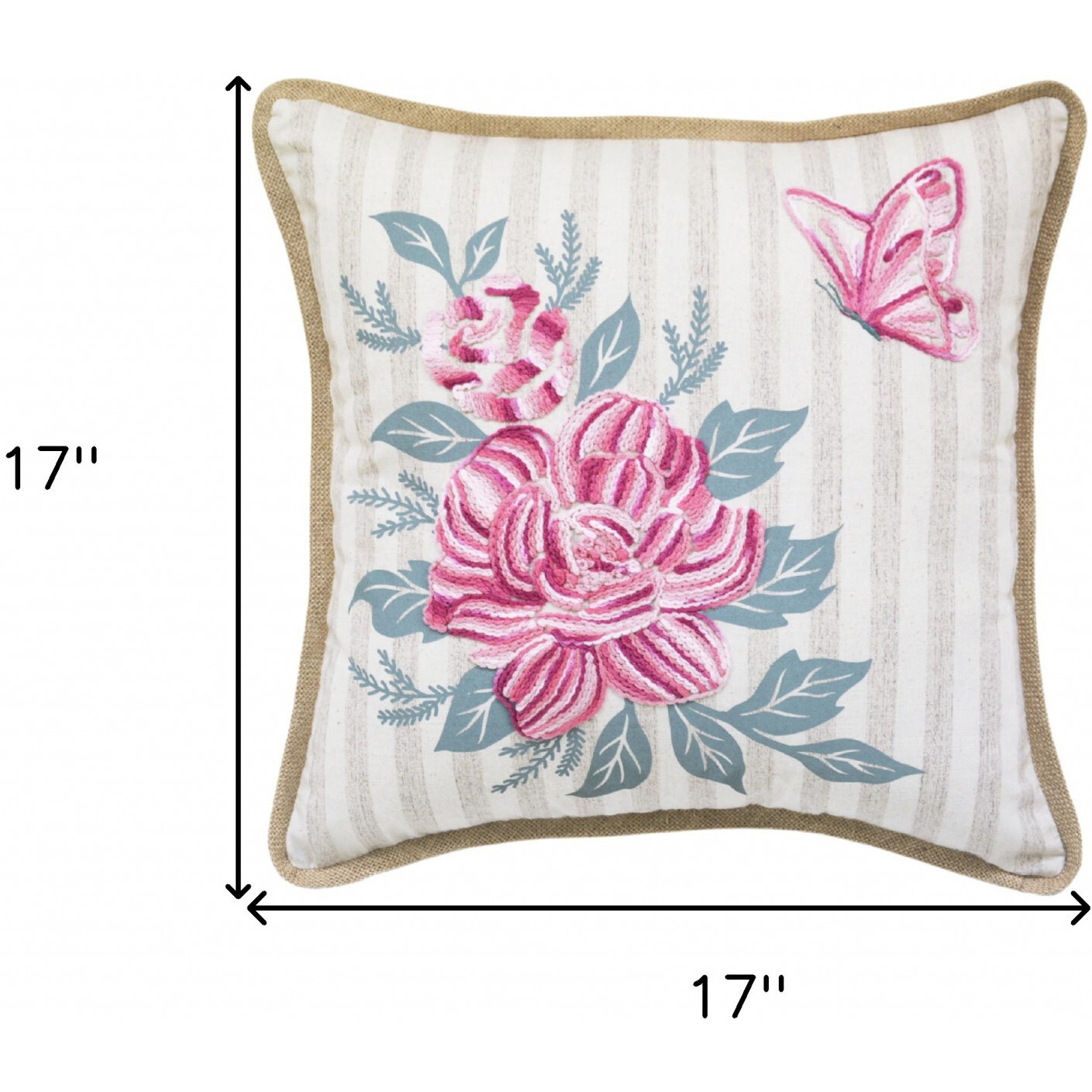 17"" X 17"" Pink Embroidered Floral And Butterfly With Burlap Throw Pillow