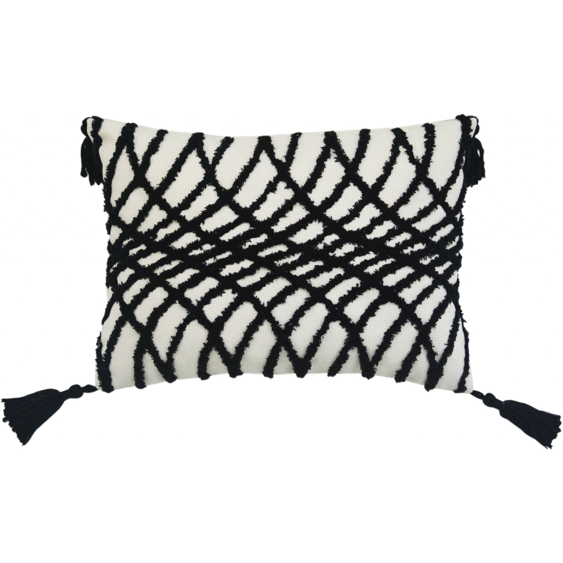 13"" X 18"" Black And White Geometric Zippered Polyester And Cotton Blend Throw Pillow With Tassels