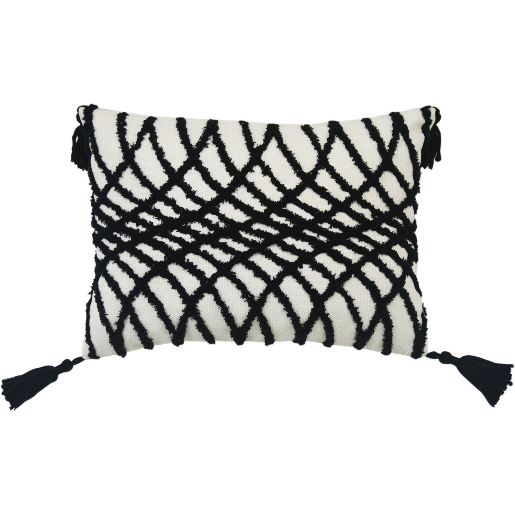 13"" X 18"" Black And White Geometric Zippered Polyester And Cotton Blend Throw Pillow With Tassels