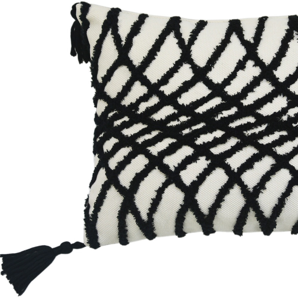 13"" X 18"" Black And White Geometric Zippered Polyester And Cotton Blend Throw Pillow With Tassels