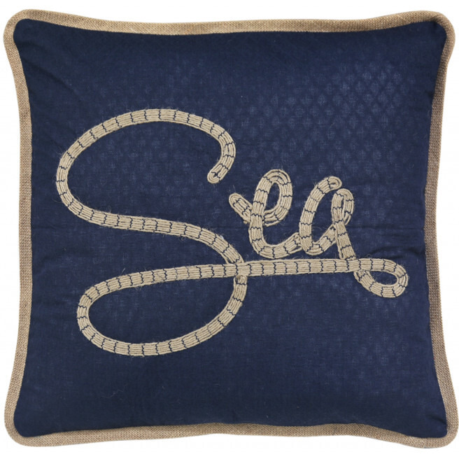 17"" X 17"" Navy Blue And Brown Text Zippered Polyester And Burlap Blend Throw Pillow With Embroidery