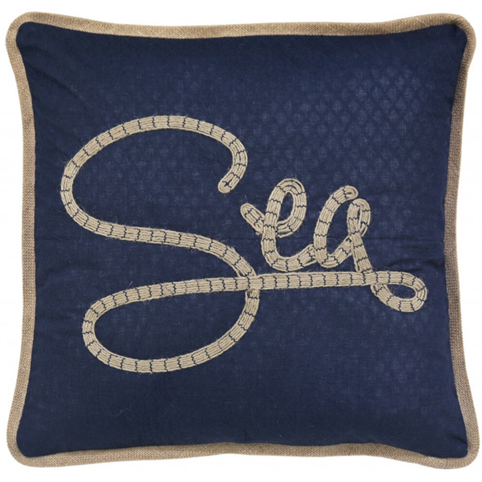17"" X 17"" Navy Blue And Brown Text Zippered Polyester And Burlap Blend Throw Pillow With Embroidery