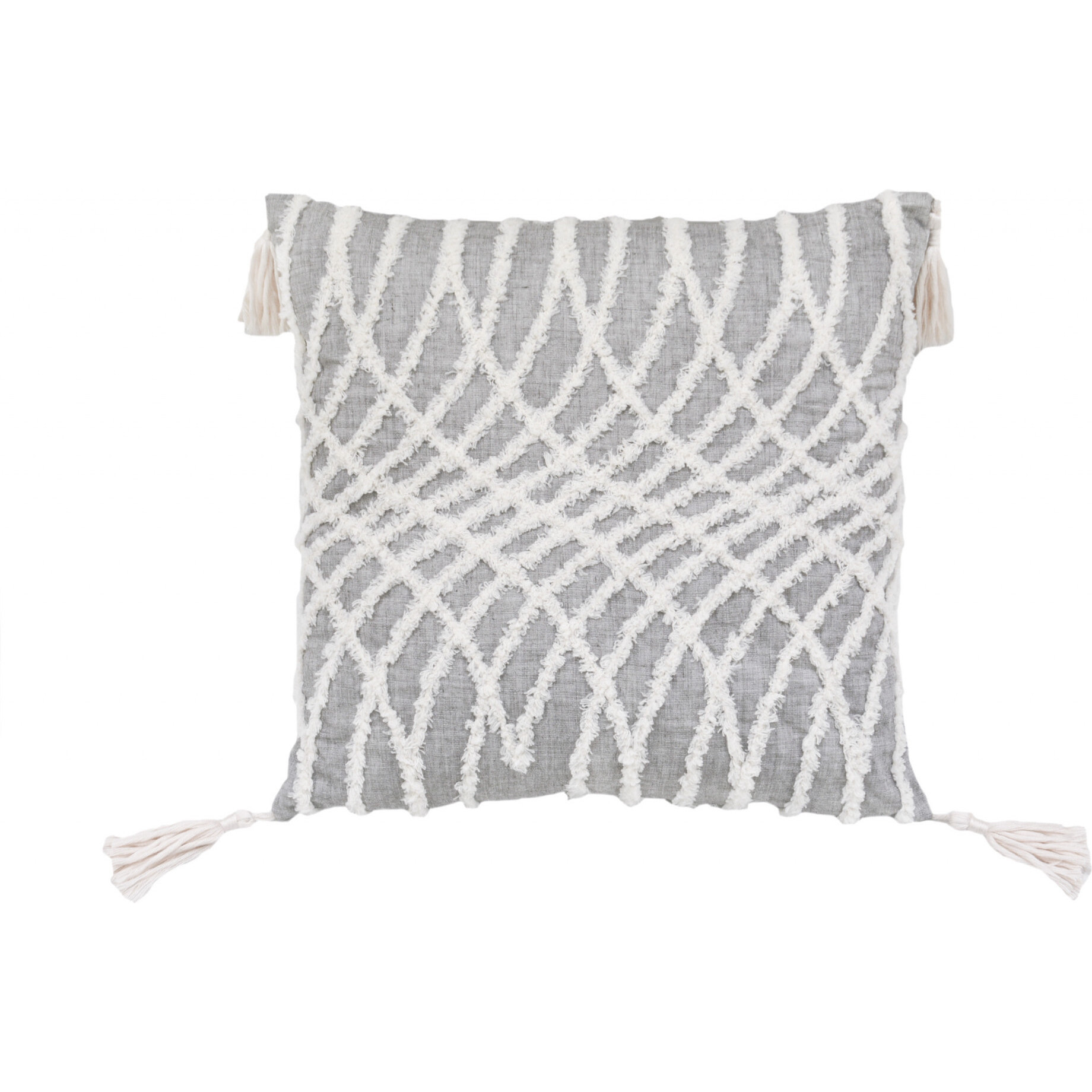 17"" X 17"" Grey And White Interlocking Zippered Polyester Throw Pillow With Tassels
