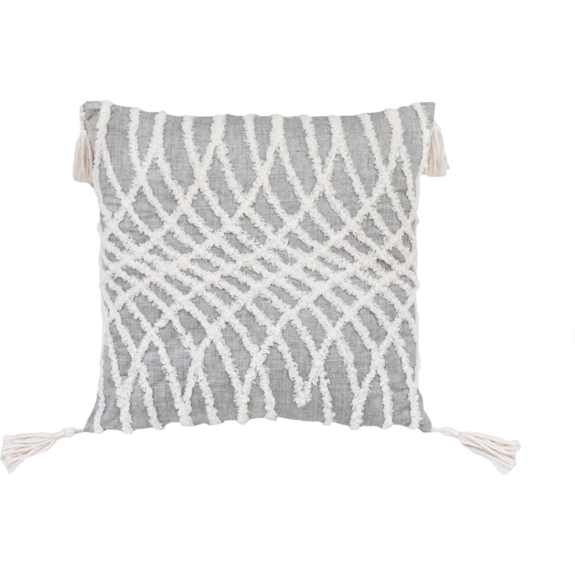 17"" X 17"" Grey And White Interlocking Zippered Polyester Throw Pillow With Tassels