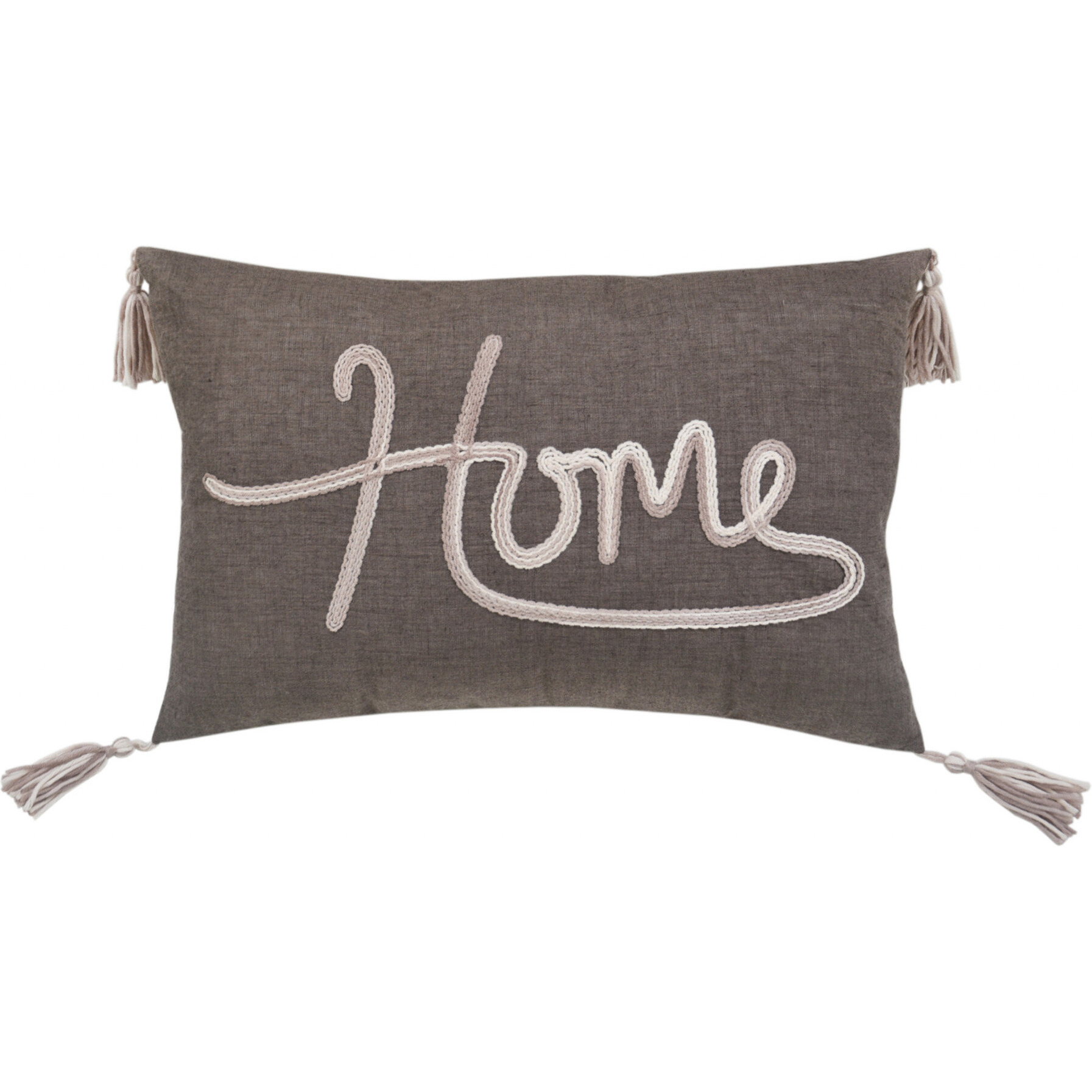 13"" X 20"" Greytaupe And White Text Zippered Polyester Throw Pillow With Tassels