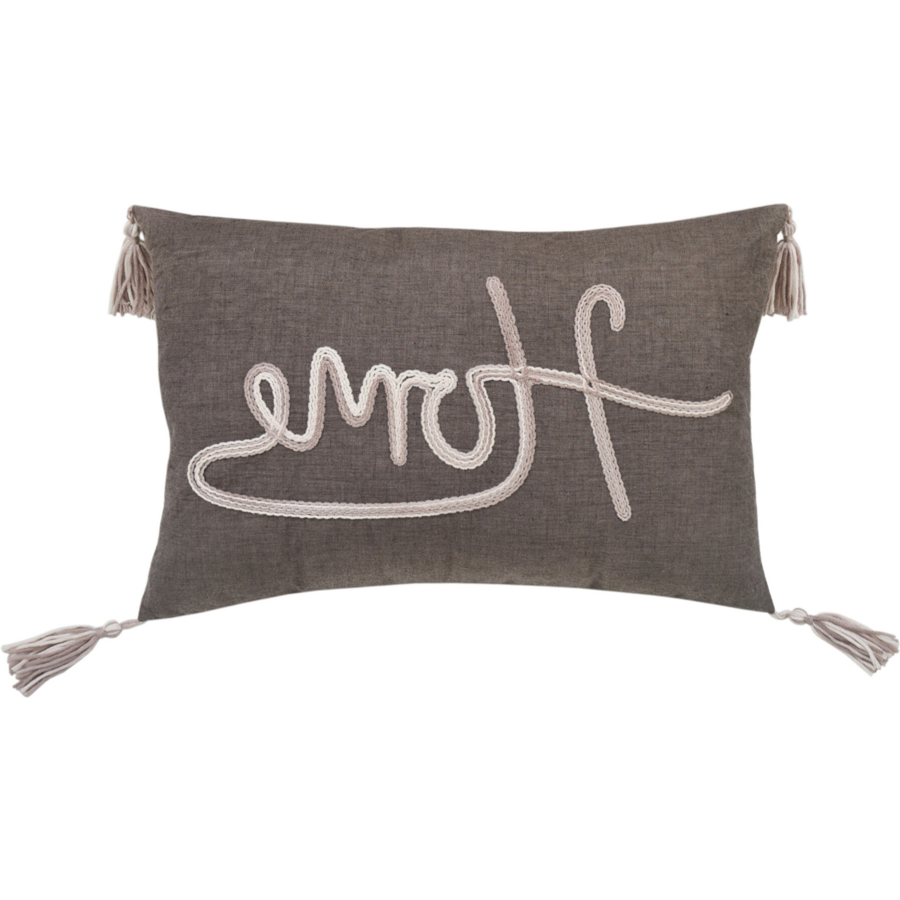 13"" X 20"" Greytaupe And White Text Zippered Polyester Throw Pillow With Tassels