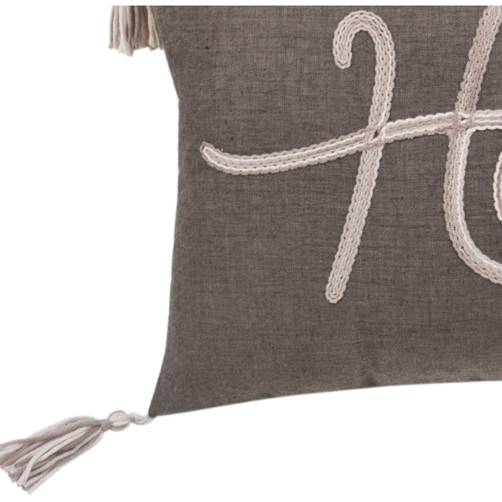 13"" X 20"" Greytaupe And White Text Zippered Polyester Throw Pillow With Tassels