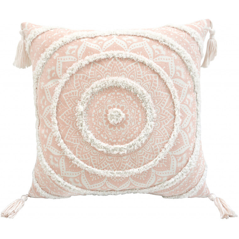 18"" X 18"" Peach And White Geometric Zippered Polyester And Cotton Blend Throw Pillow With Tassels
