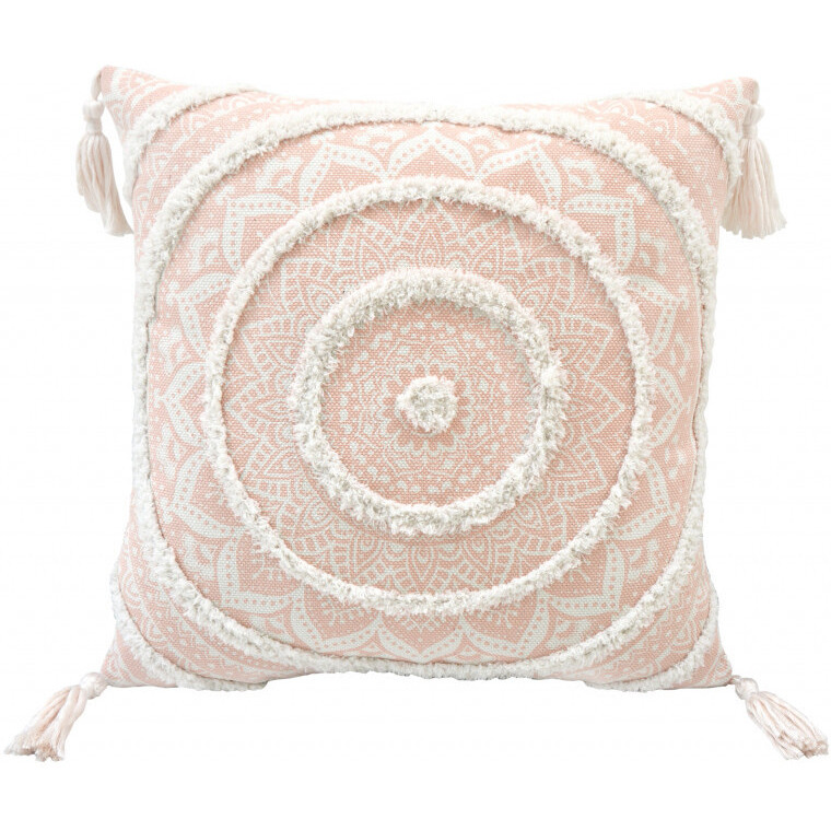 18"" X 18"" Peach And White Geometric Zippered Polyester And Cotton Blend Throw Pillow With Tassels