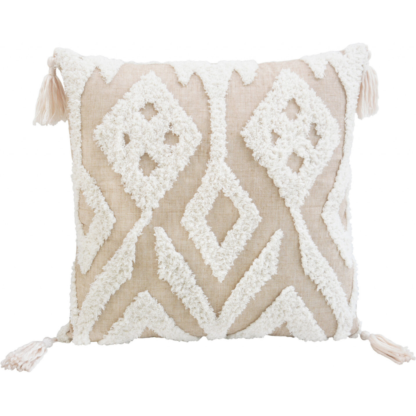17"" X 17"" Beige And White Ikat Zippered Polyester Throw Pillow With Tassels